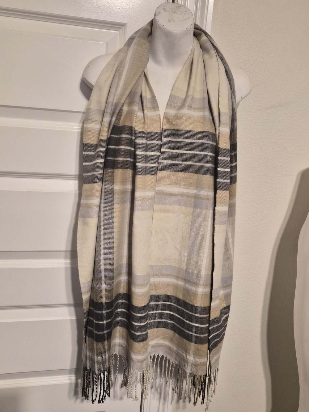 Plaid Fringe Scarf Wrap Oversized Beige Charcoal Grey Tan Neutral Fall Winter